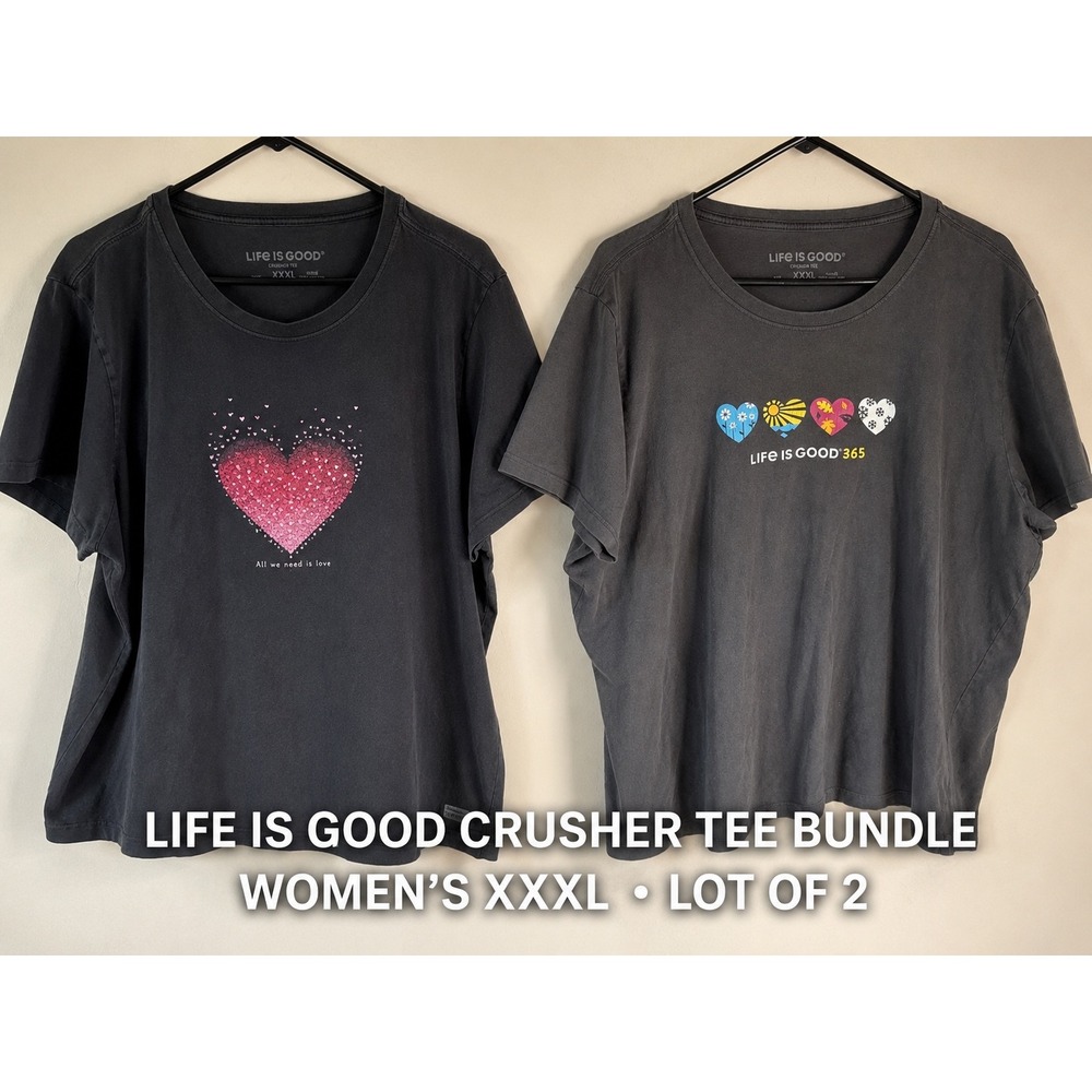 Life is Good Crusher Tee Bundle Womens XXXL Black Heart Graphic T-Shirt Lot of 2
